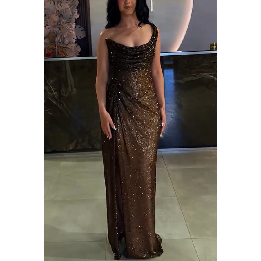 2026 Gold & Silver Silk Split Dress - INS Leisure Gathering Slim