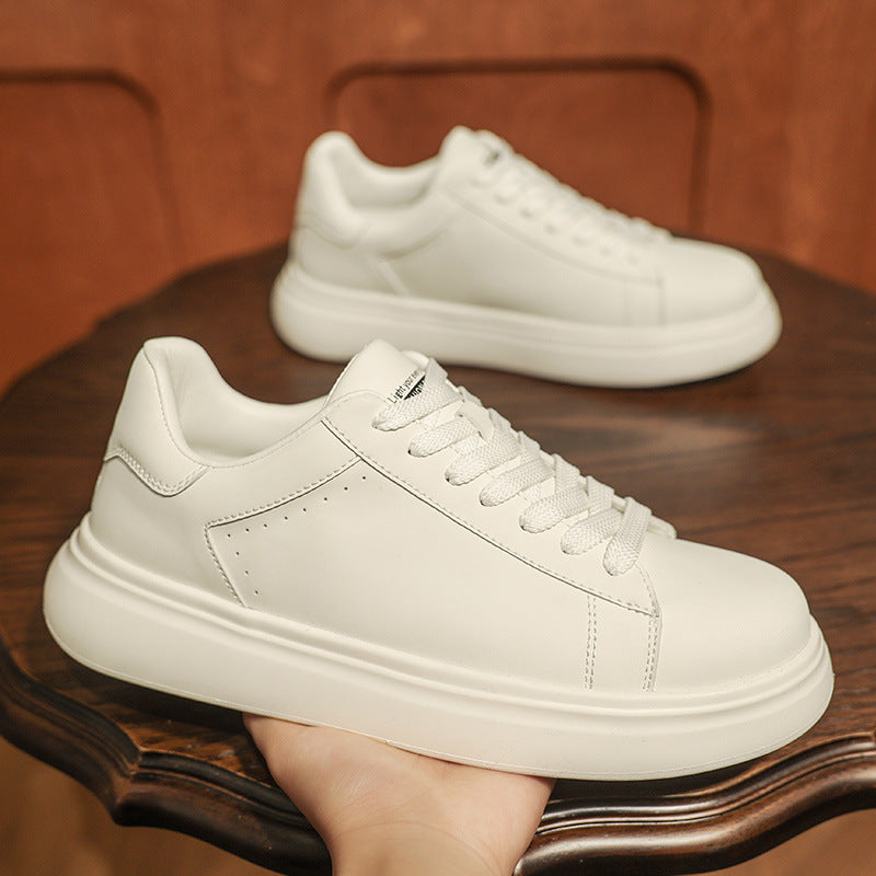 Men’s European Thick-Soled White Leather Sneakers