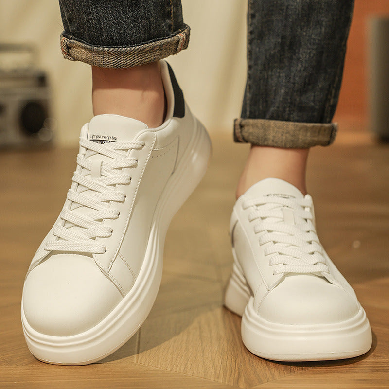 Men’s European Thick-Soled White Leather Sneakers