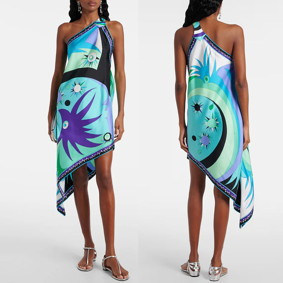 2026 Slanted Shoulder Positioning Print Satin Dress - INS Casual