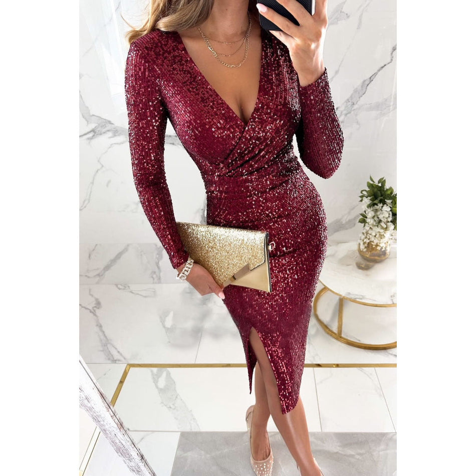 2026 Sequin Split Long Sleeve Dress - INS Casual Loose