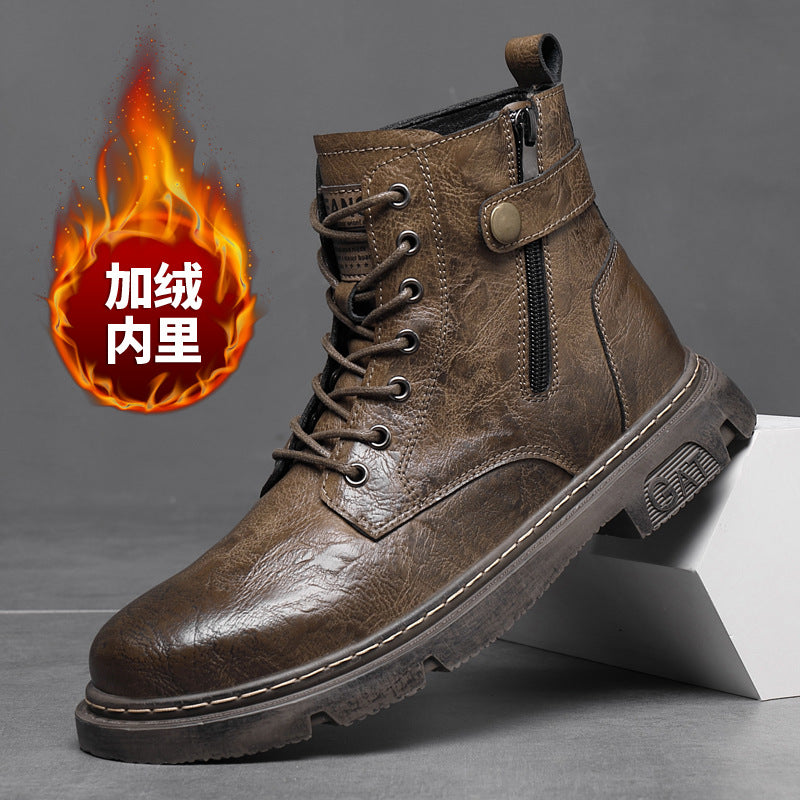 STOCK-Men’s Fleece-Lined Leather Martin Boots with Zipper