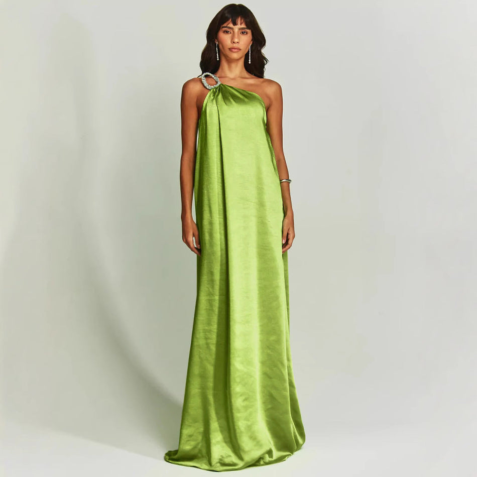 2026 Satin Slant Shoulder Long Dress - INS Loose Vacation &
