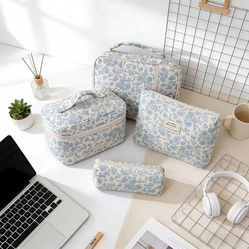 Blue & White Floral Cosmetic Travel Bag 4-Piece Set
