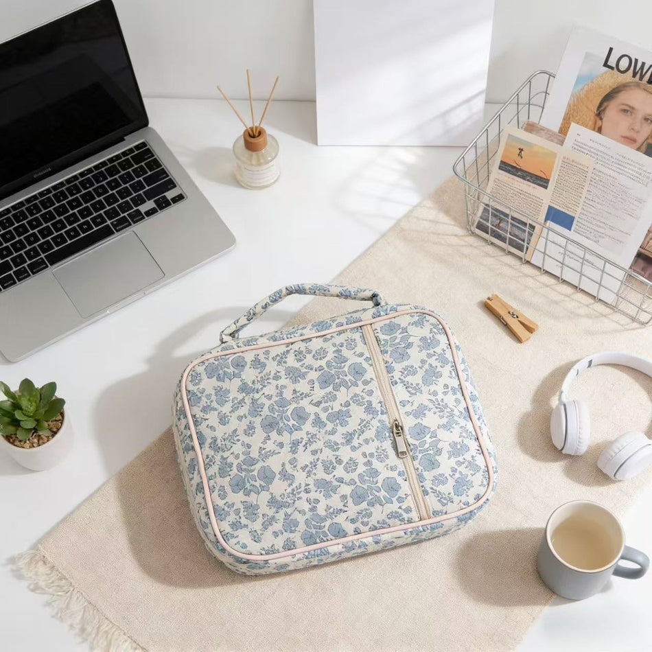 Blue & White Floral Cosmetic Travel Bag 4-Piece Set