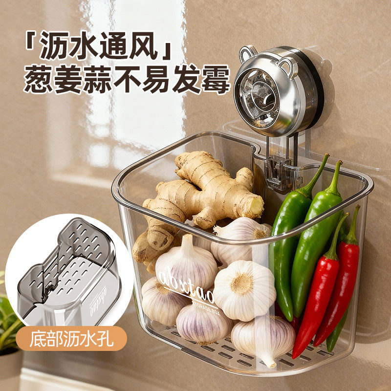 Wall Mounted Onion Ginger Garlic Storage Basket Suction Rack
