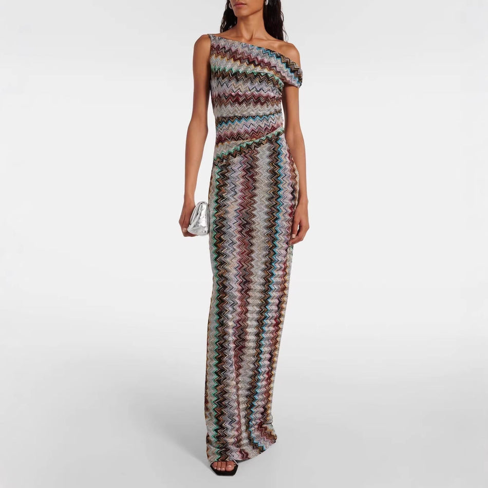Oblique Shoulder Knitted Printed Dress - Trendy Party Wear