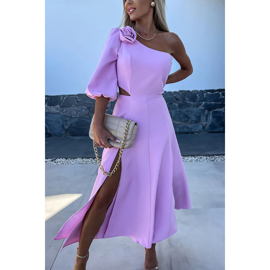 Satin Oblique Shoulder Split Dress - Luxury 2026 Party Wear