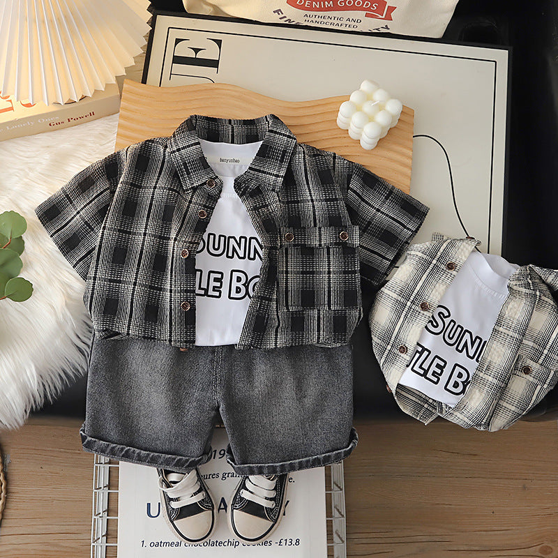 Boys Summer 3-Piece Plaid Shirt Suit 2026