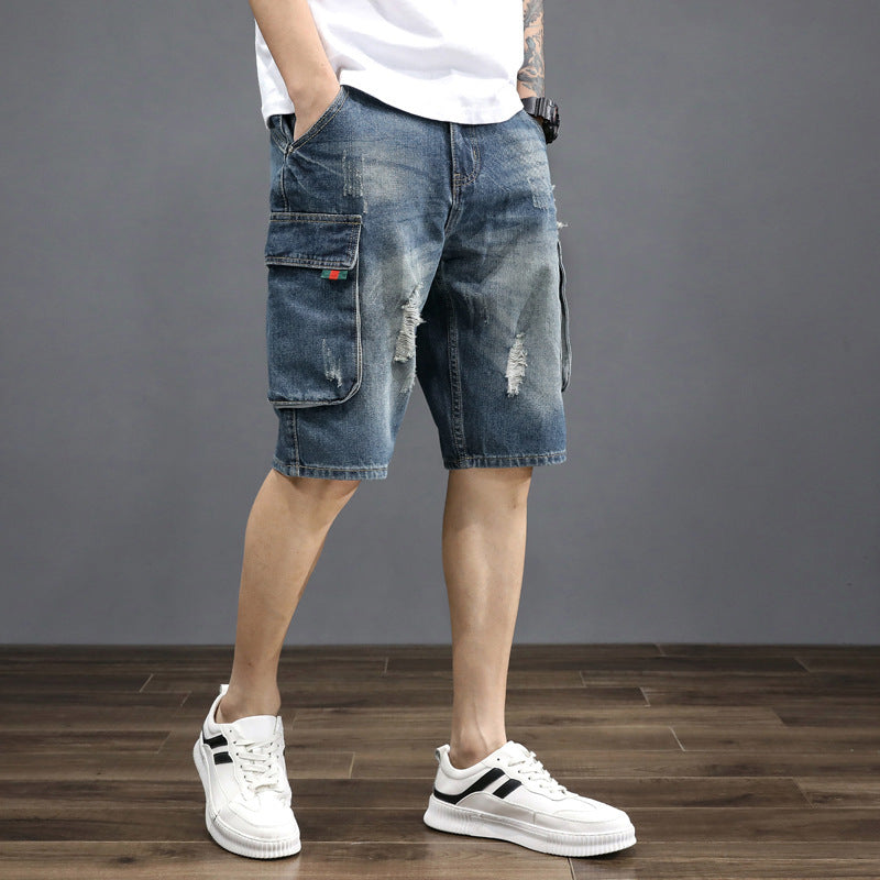STOCK-Men’s Loose Denim Cropped Summer Workwear Shorts