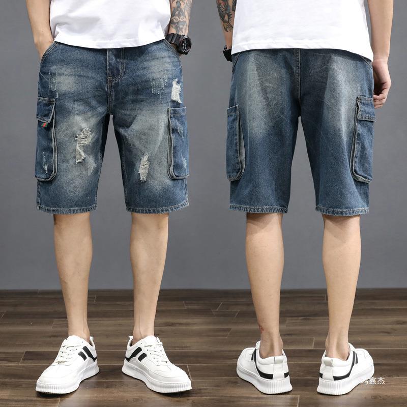 STOCK-Men’s Loose Denim Cropped Summer Workwear Shorts