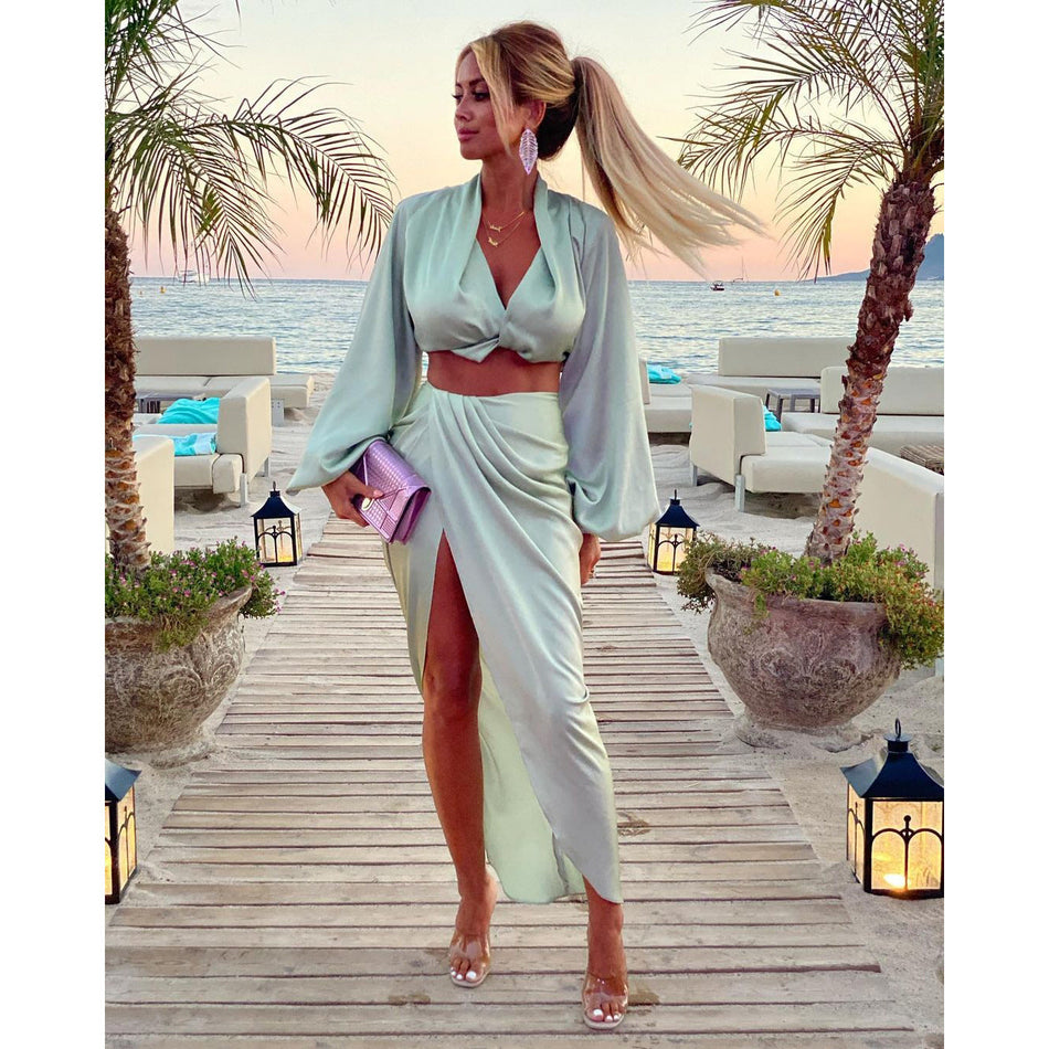 Long-Sleeve Split Two-Piece Set - Chic 2026 Summer Vacation Wear