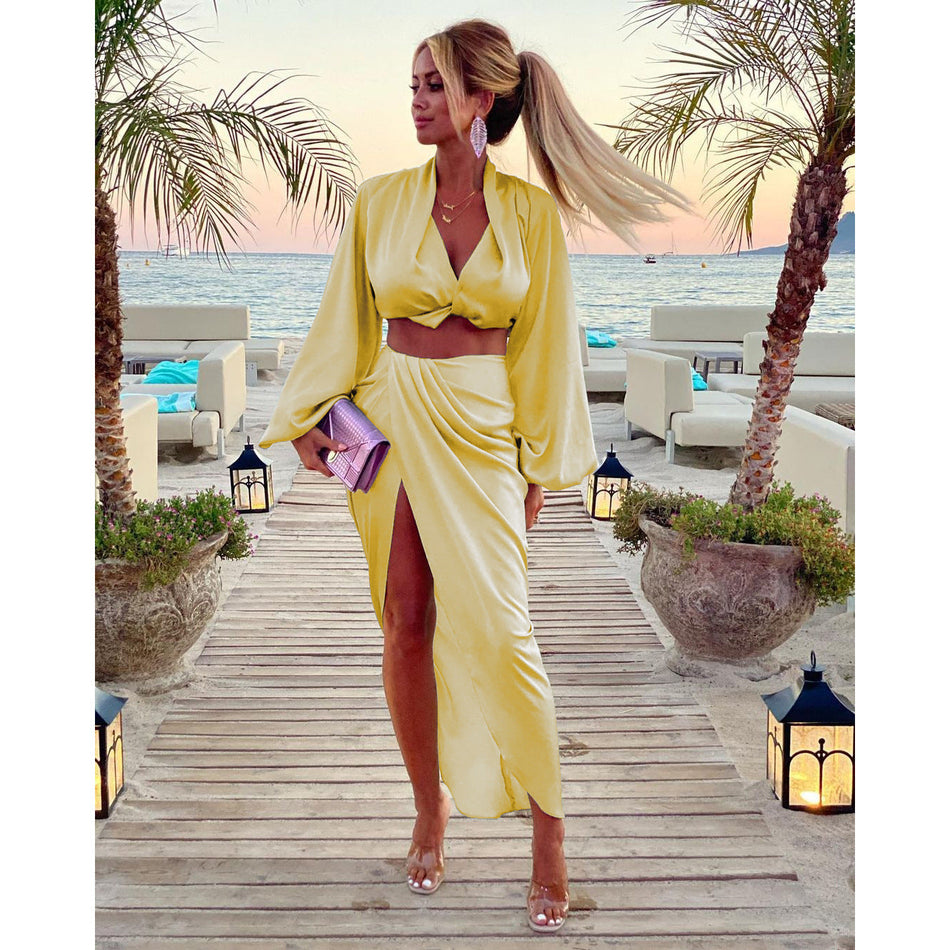 Long-Sleeve Split Two-Piece Set - Chic 2026 Summer Vacation Wear