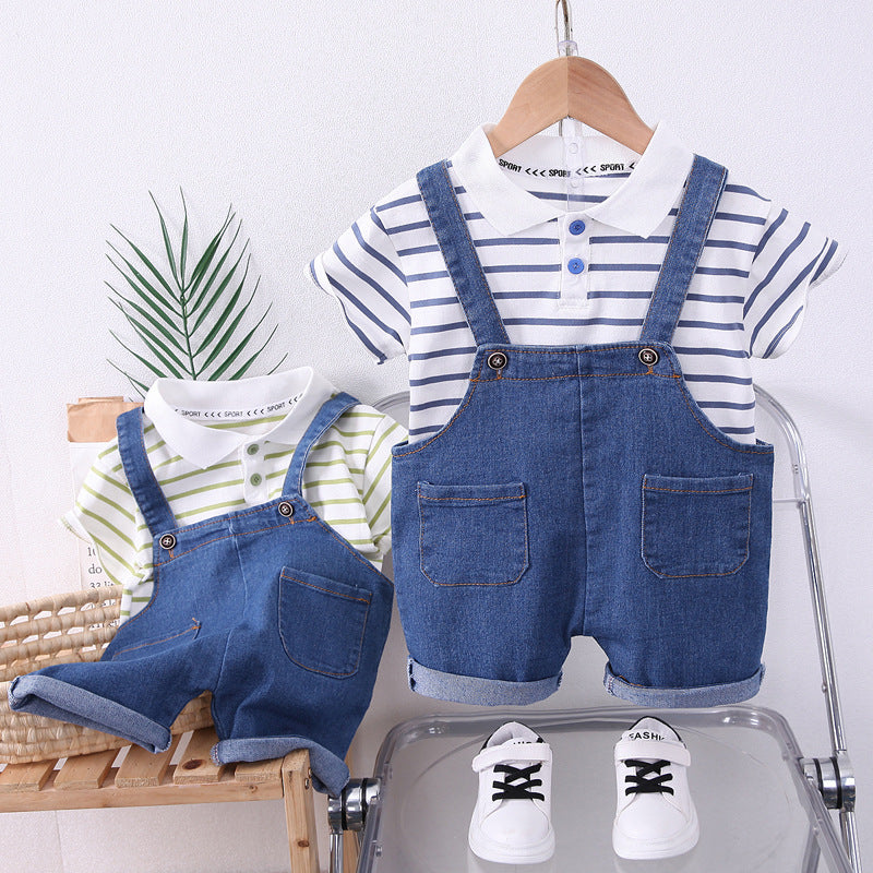 Boys 2026 Summer Denim Suspender 2-Piece Suit