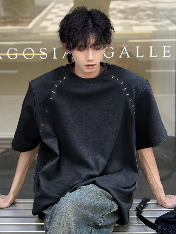 Men’s Black Shoulder Pad T-Shirt – Loose Trendy Fit