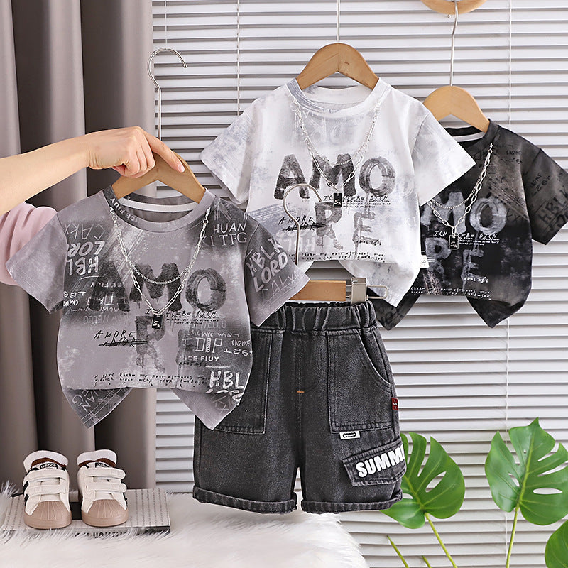 Boys 2026 Summer Tie-Dye Denim 2-Piece Suit