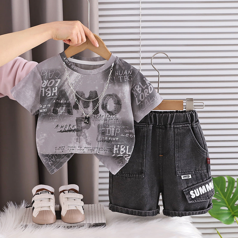 Boys 2026 Summer Tie-Dye Denim 2-Piece Suit