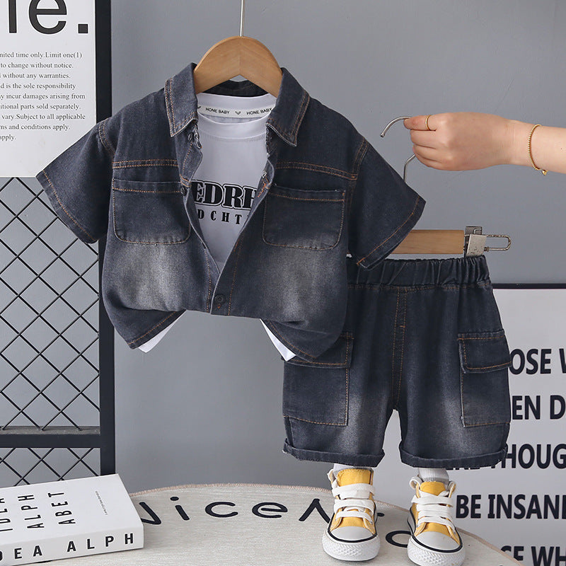 Boys 2026 Summer Denim Spray White 3-Piece Set
