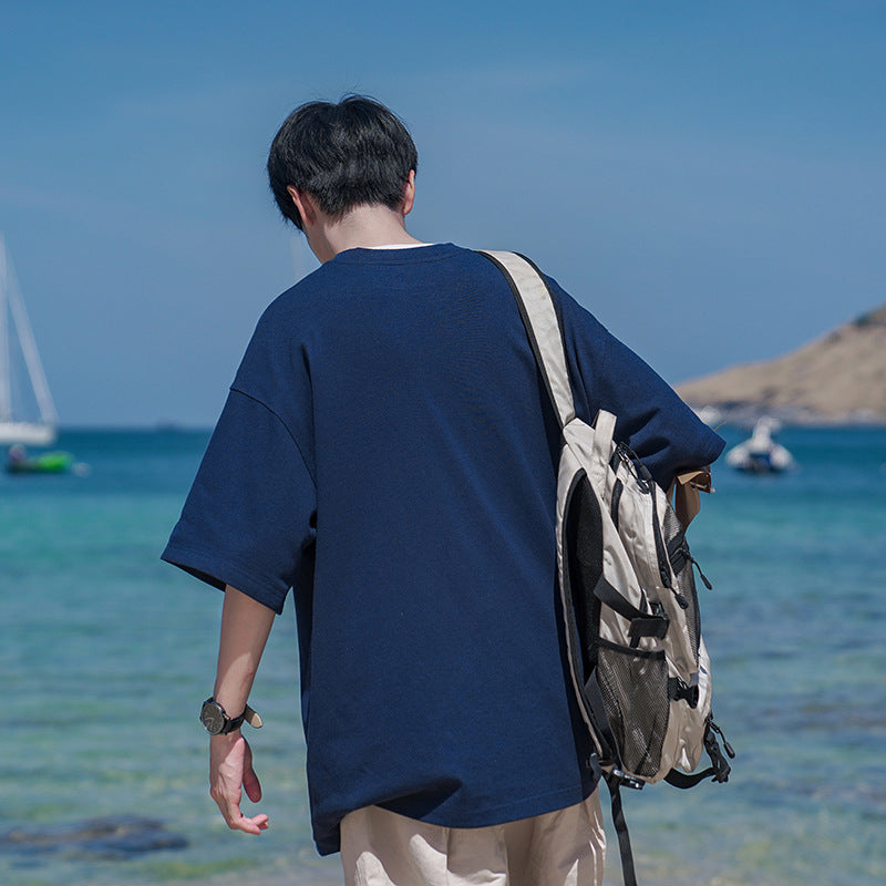 Men’s Navy Blue Heavy Cotton T-Shirt – Summer Loose Fit