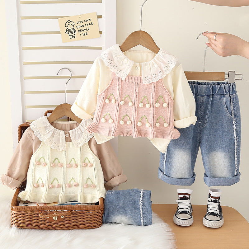 Girls Spring Autumn 3-Piece Cherry Sweater Set