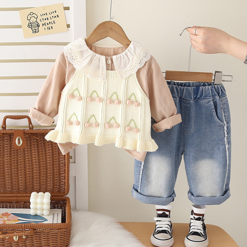 Girls Spring Autumn 3-Piece Cherry Sweater Set