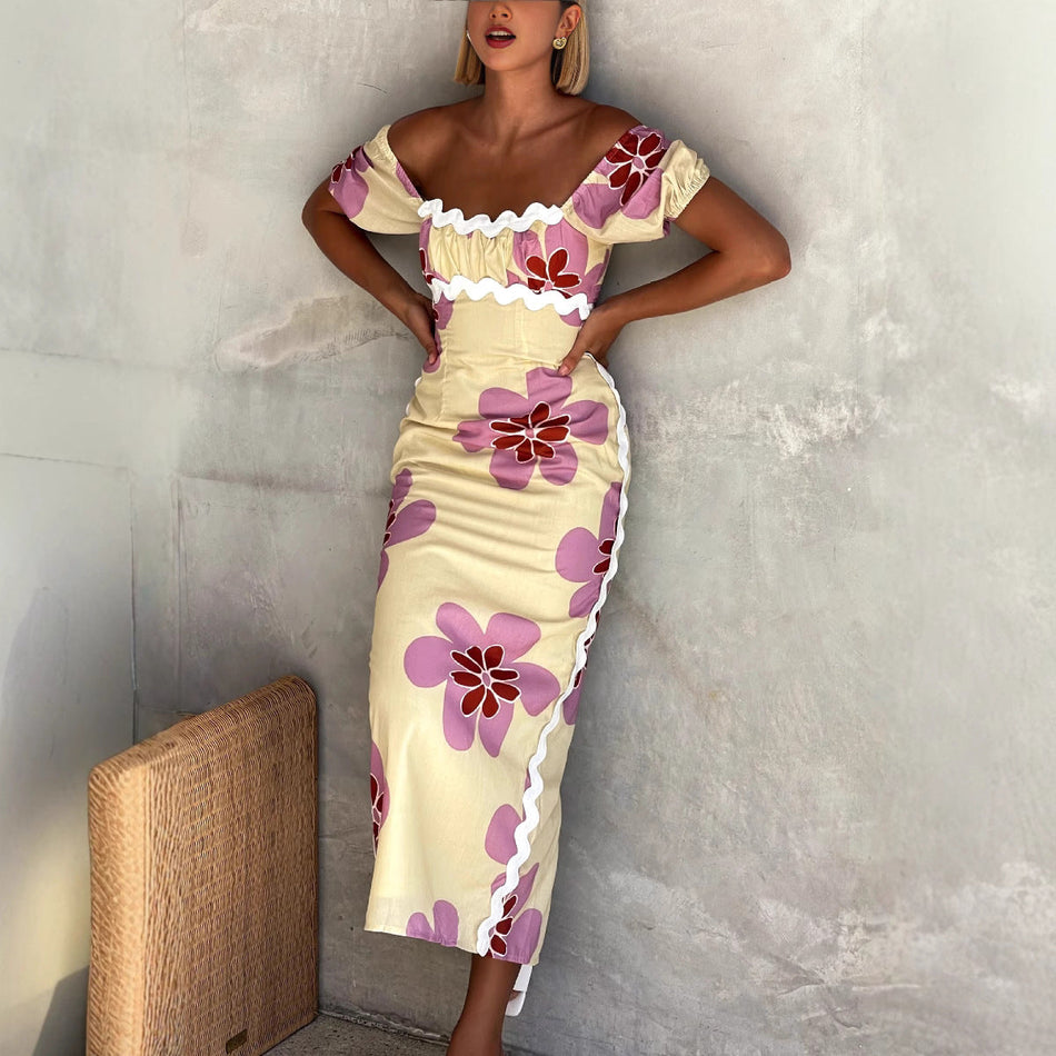 Linen Positioning Print Split Dress - 2026 "INS" Summer Vacation