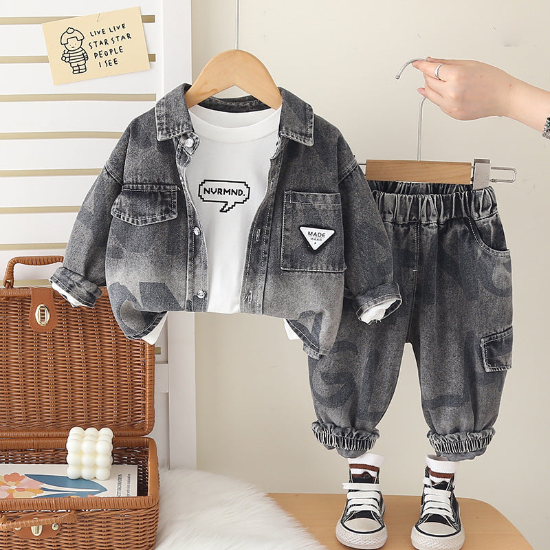 Boys Autumn 3-Piece Denim Letter Jacket Set