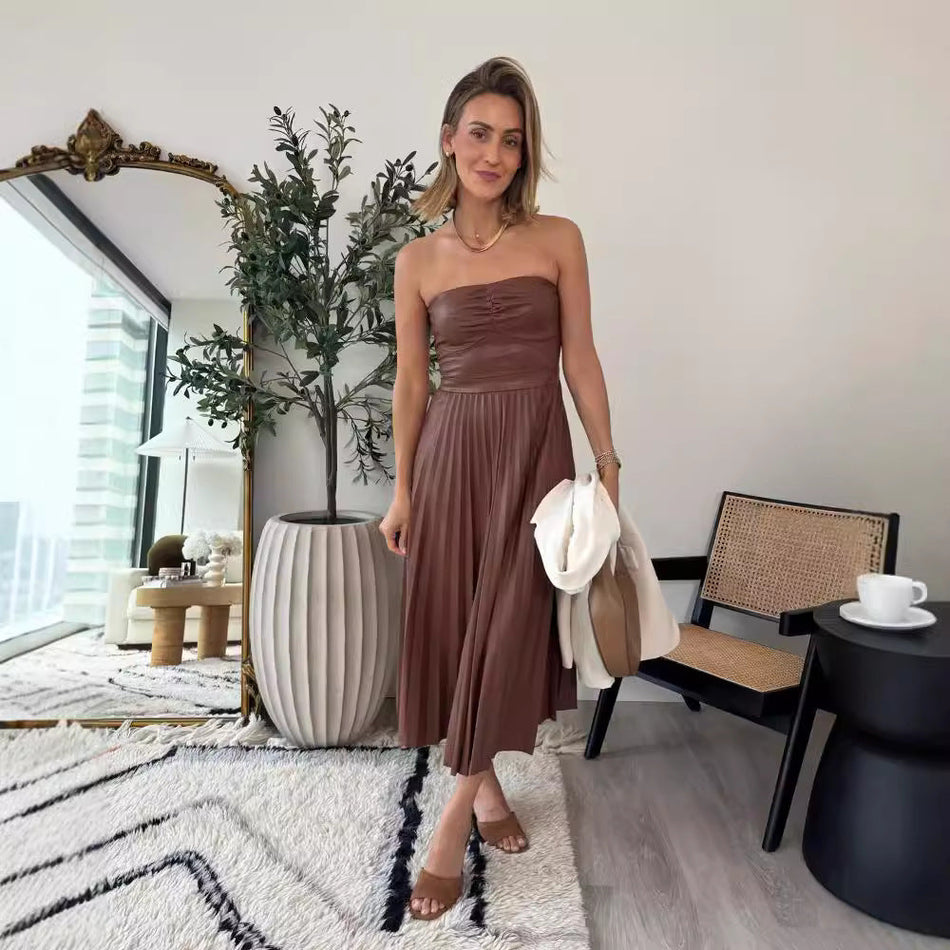 Chest-Wrapped Pleated Leather Dress - 2026 "INS" Edgy Summer-Fall