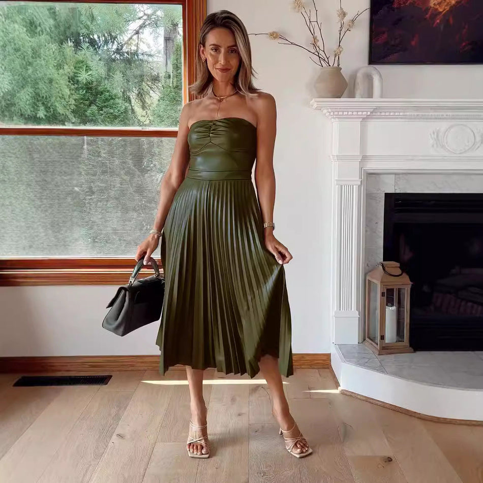 Chest-Wrapped Pleated Leather Dress - 2026 "INS" Edgy Summer-Fall