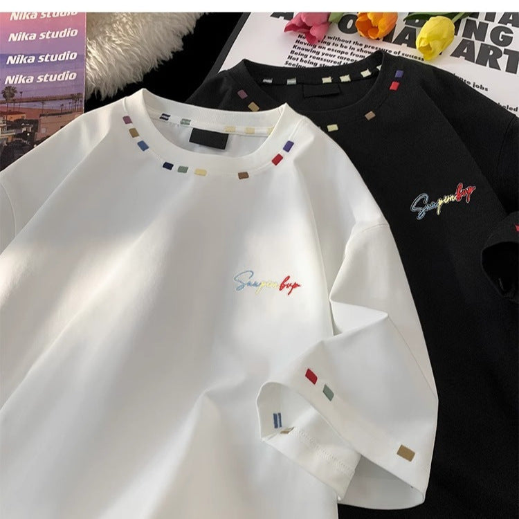 Men’s White Rainbow Embroidered T-Shirt – Loose Summer Fit