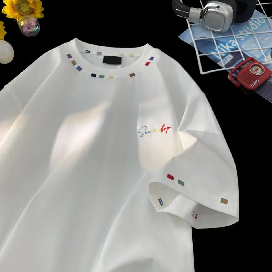 Men’s White Rainbow Embroidered T-Shirt – Loose Summer Fit