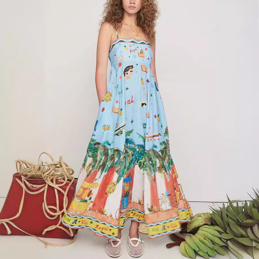 Sling Printing Pocket Dress - 2026 "INS" Style Loose Vacation