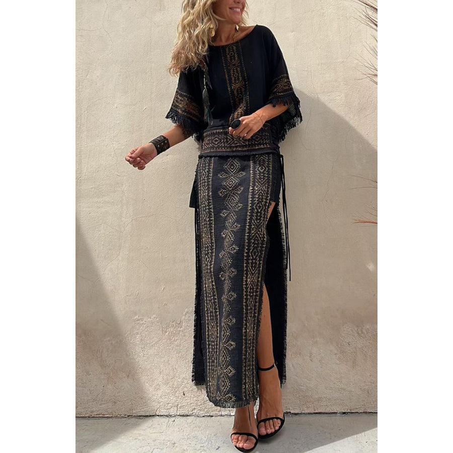 Tassel Bat-Sleeve Printed Suit - 2026 "INS" Boho-Chic Vacation