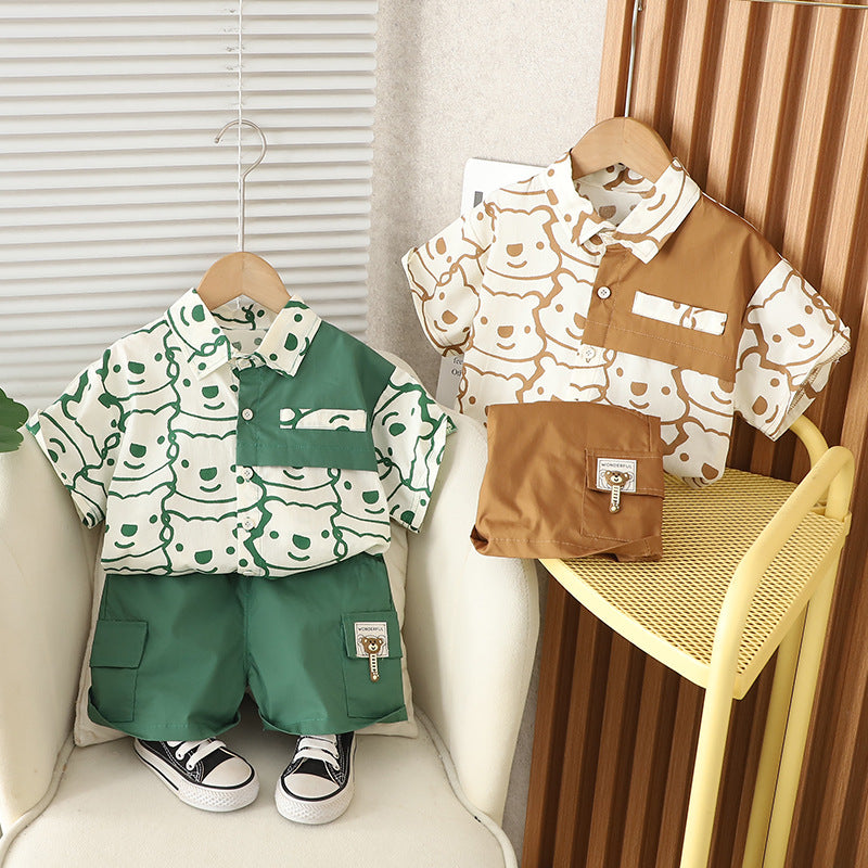 Boys Summer 2-Piece Bear Print Short-Sleeved Suit