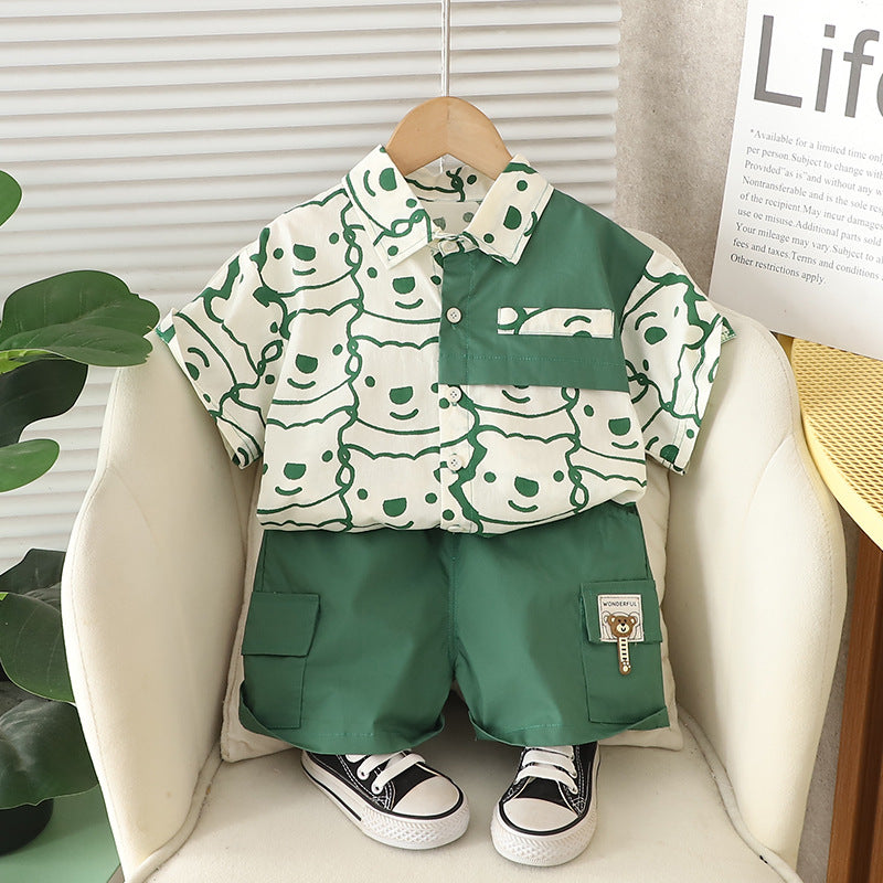 Boys Summer 2-Piece Bear Print Short-Sleeved Suit