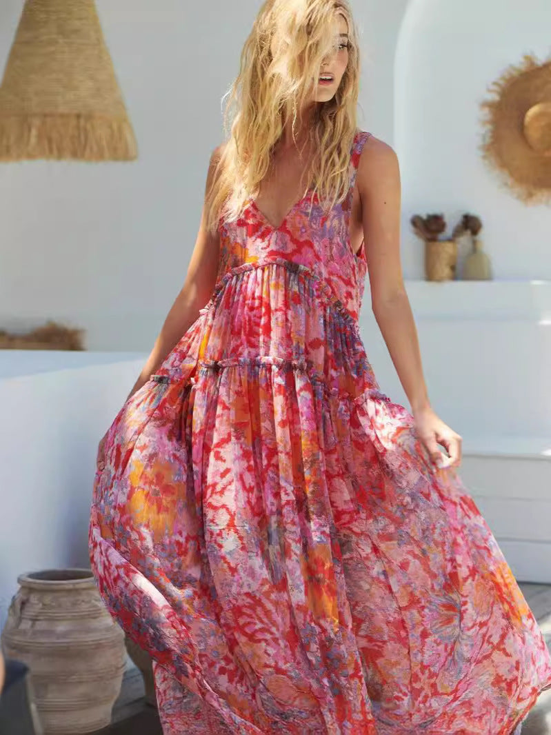 Chiffon Printed Sling Dress - 2026 "INS" Summer Vacation Flow