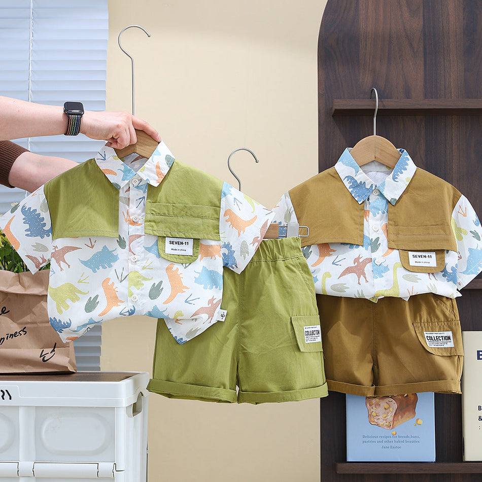 Boys 2026 Summer Dinosaur Fake Vest 2-Piece Suit