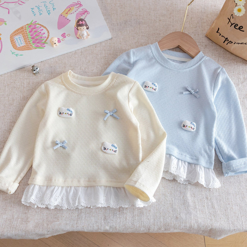 Girls 2026 Spring 3D Cat Lace T-Shirt