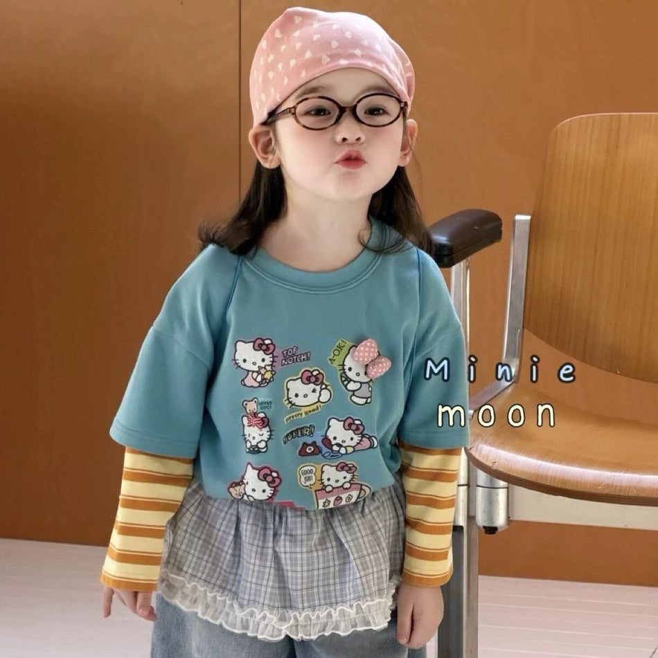 Girls 2026 Spring Fake Two-Piece Long-Sleeve Top