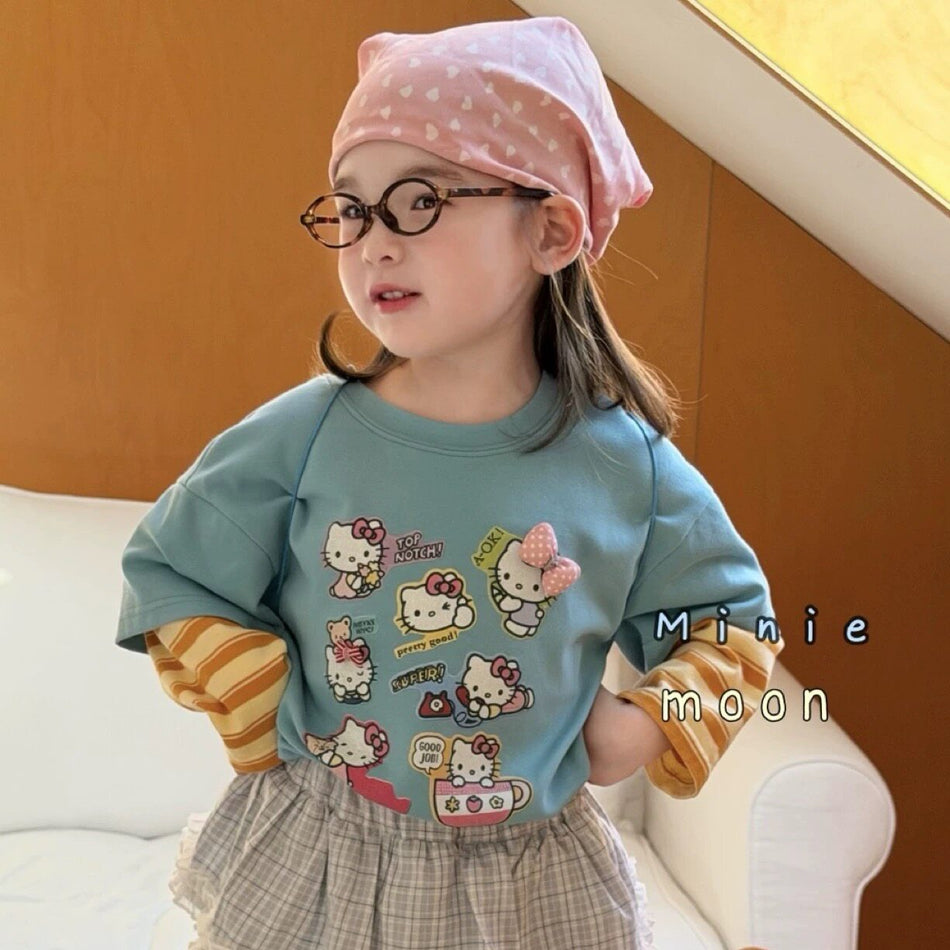 Girls 2026 Spring Fake Two-Piece Long-Sleeve Top