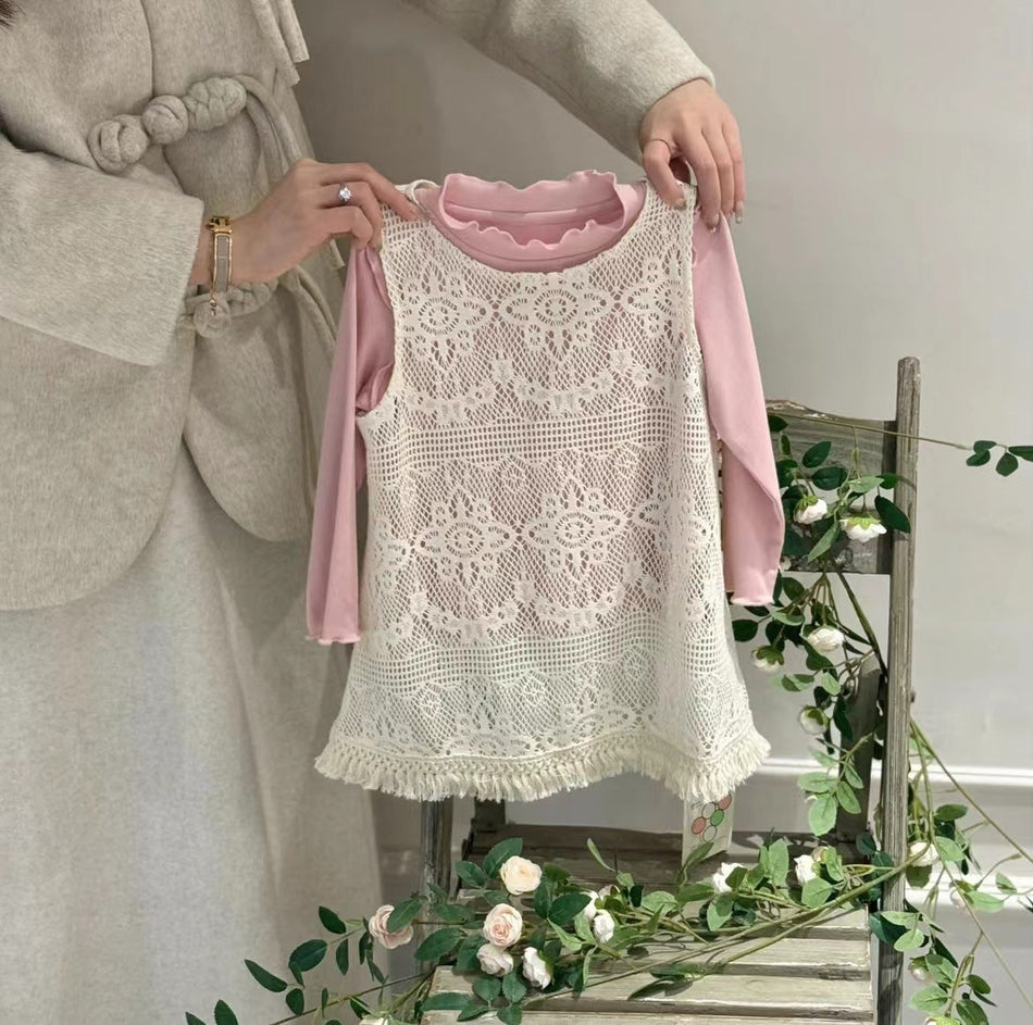 Girls 2026 Spring Lace Two-Piece Vest Dress Set
