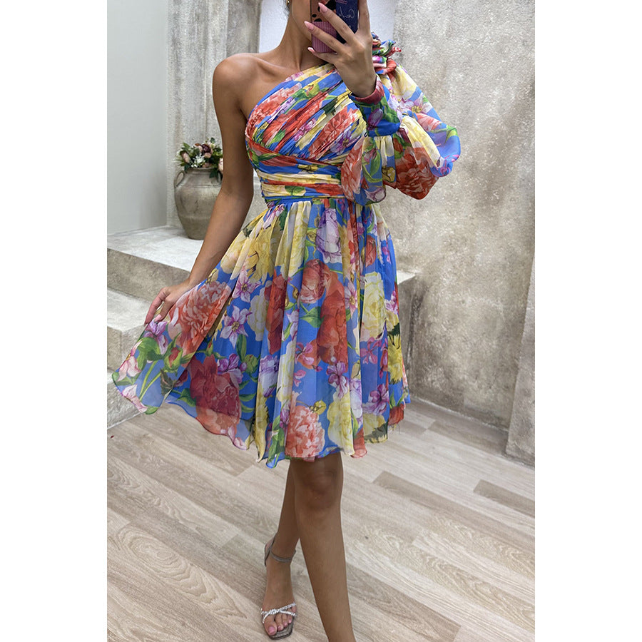 Slant Shoulder Printed Dress - 2026 "INS" Asymmetric Zipper