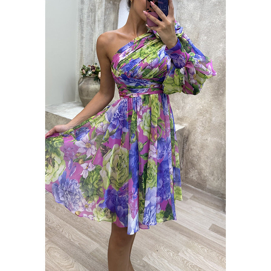Slant Shoulder Printed Dress - 2026 "INS" Asymmetric Zipper