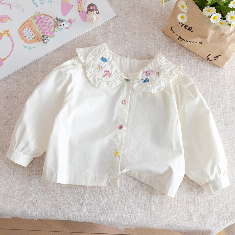 Girls 2026 Spring Lace Collar Embroidered Loose Shirt