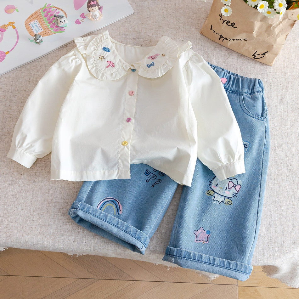 Girls 2026 Spring Lace Collar Embroidered Loose Shirt