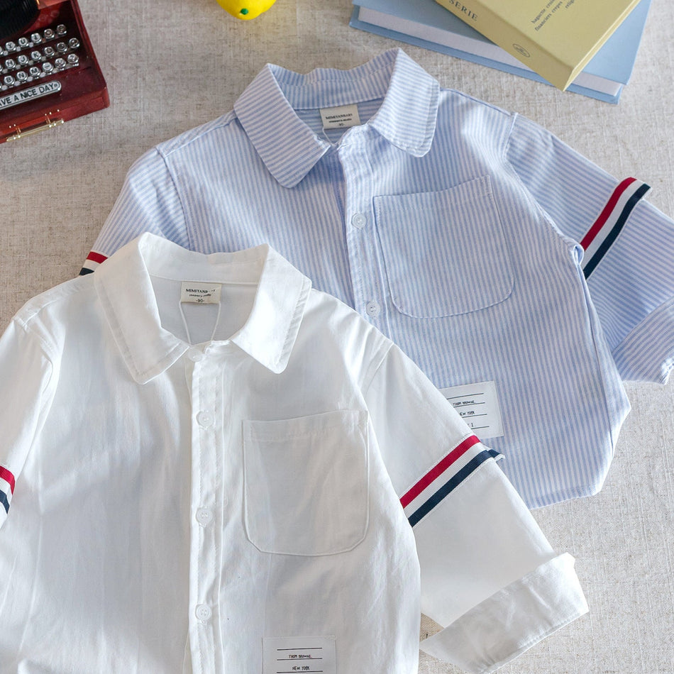 Kids 2026 Autumn Japanese-Style Striped Pocket Shirt