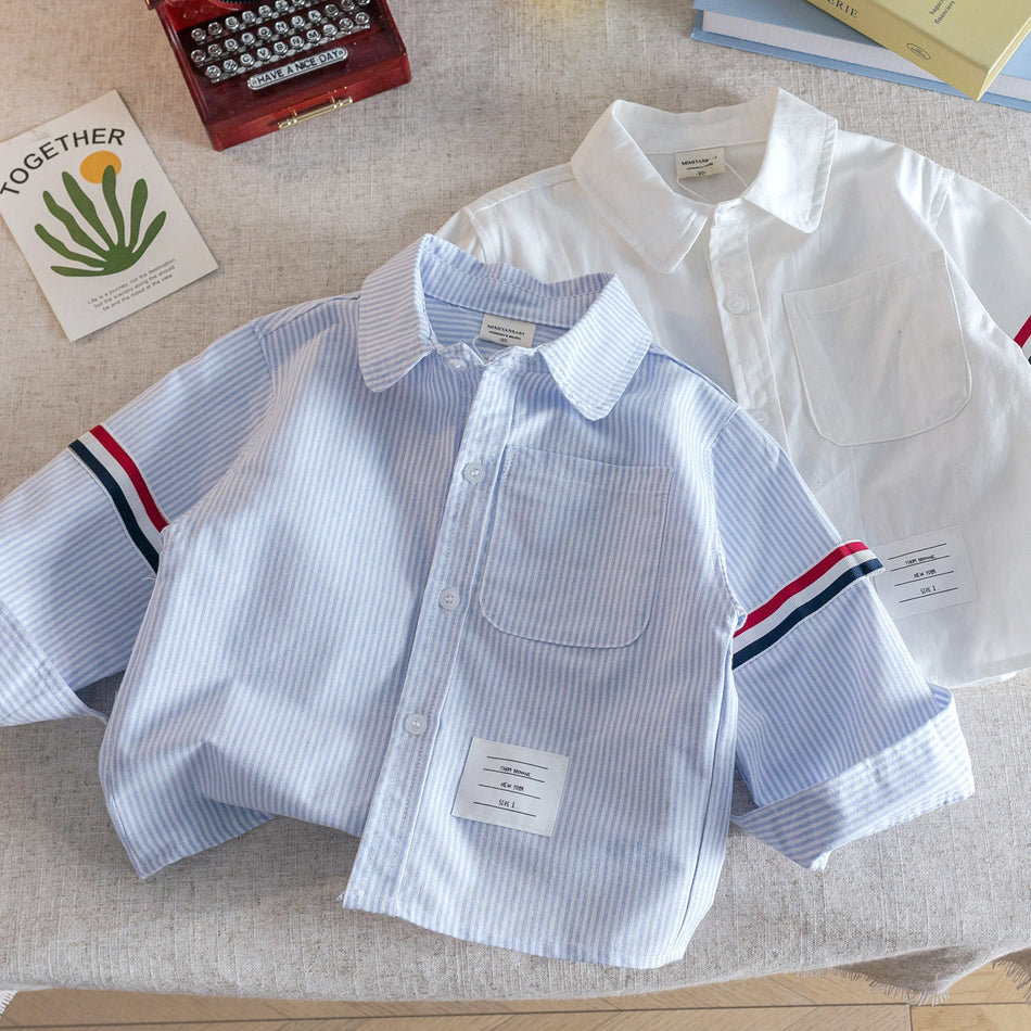Kids 2026 Autumn Japanese-Style Striped Pocket Shirt