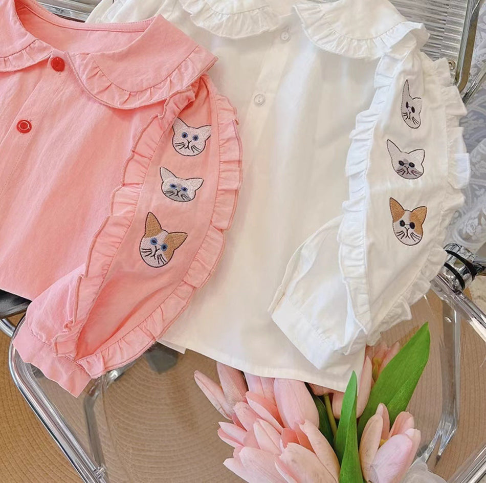 Girls 2026 Spring-Fall Embroidered Cotton Long-Sleeve Shirt