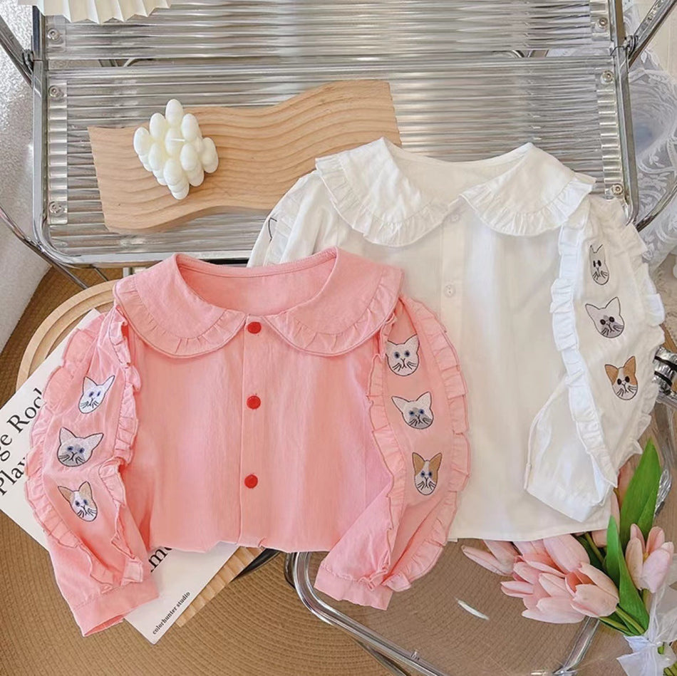 Girls 2026 Spring-Fall Embroidered Cotton Long-Sleeve Shirt