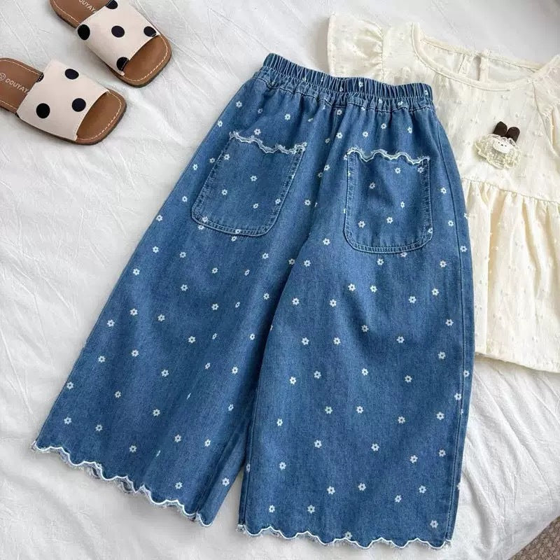 Girls 2026 Summer Lace Floral Wide-Leg Jeans
